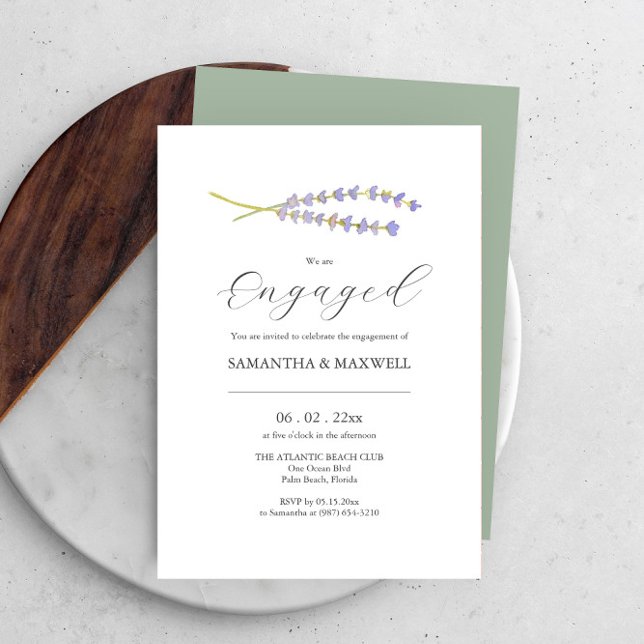 Convites de Noivado Personalizados Lavanda de Aqua (Engagement invitations watercolor lavender art Victoria Grigaliunas minimalist design DoTellABelle)