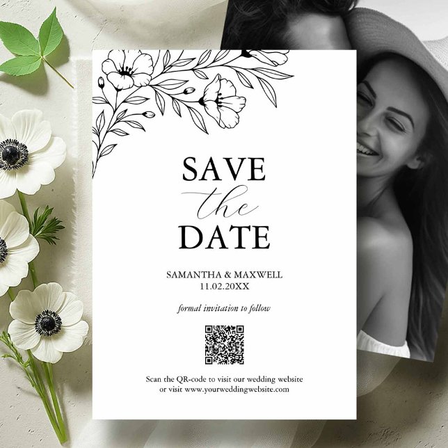 Convites de Noivado Preto e Branco com Imagem para (Black and white photo save the dates floral line art by Victoria Grigaliunas of Do Tell A Belle)