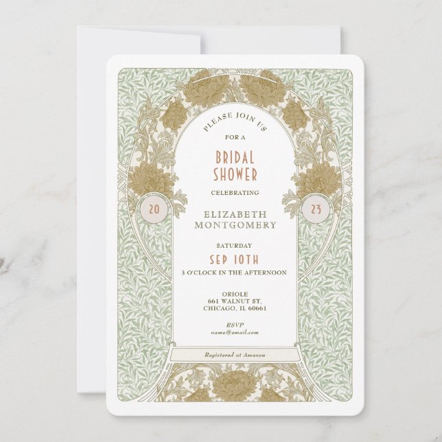 Convites de Noivado Retro Art Nouveau Morris (Frente)