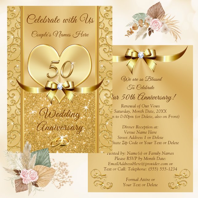 Convites de Ouro, belos, (50th Anniversary Vow Renewal Invitations. Beautiful, Golden Wedding Anniversary Invitations. )