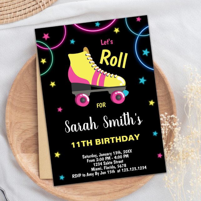 Convites de patinagem a preto roxo, cor-de-rosa (Black Purple Pink Roller skating invitations)