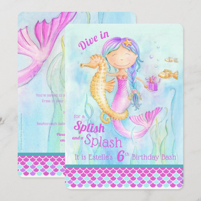 Convites de piscina de aniversário para Mermaid (Frente/Verso)