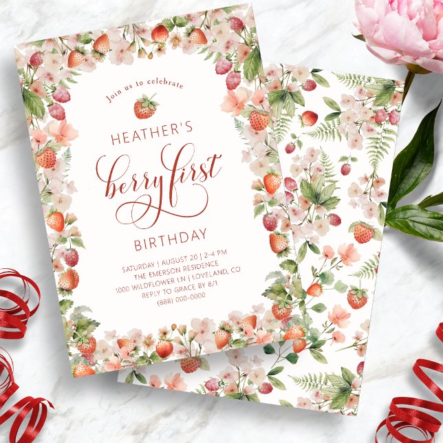 Convites de Primeiro Aniversário da Berry (Cute Berry First Birthday Invitation by Painted Paperie)
