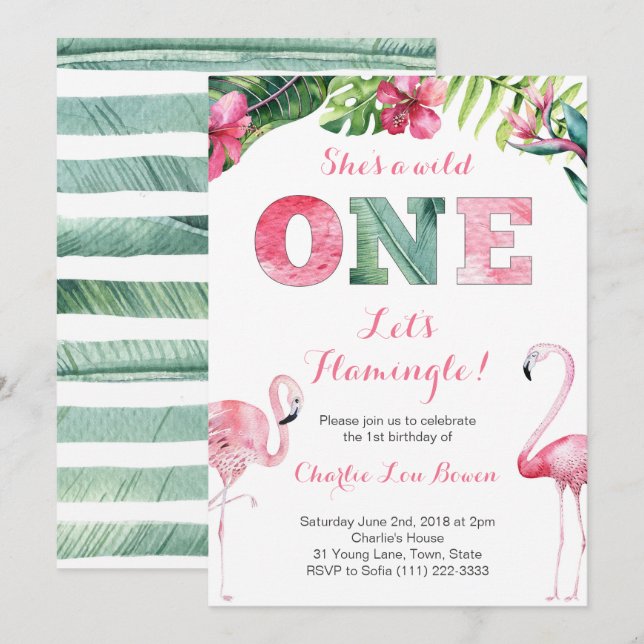 Convites de primeiro aniversario Flamingle de vamo (Frente/Verso)