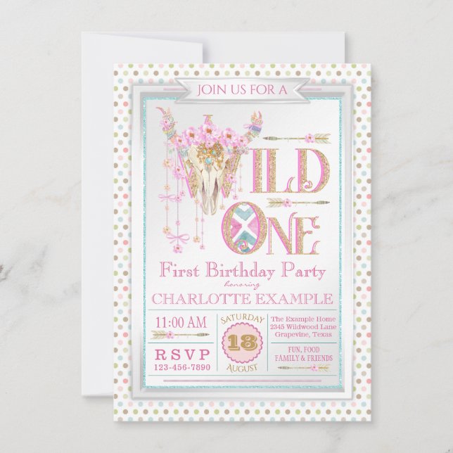Convites de Primeiro Aniversário Meninas Boho Wild (Frente)