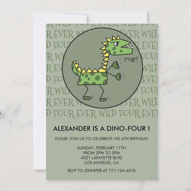 Convites de quarto aniversário de dinossauro T rex (Frente)