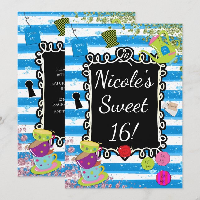 Convites de Quarto de Chá do País das Maravilhas d (Frente/Verso)