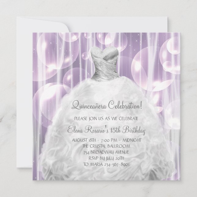 Convites de Quinceanera Branco Vestido de Bolhas (Frente)