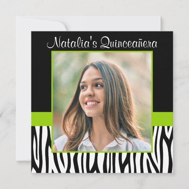 Convites de Quinceanera com Foto de Zebra em Verde (Frente)