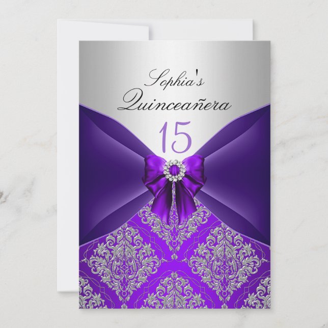 Convites de Quinceanera com Tecido Damasco Roxo e  (Frente)