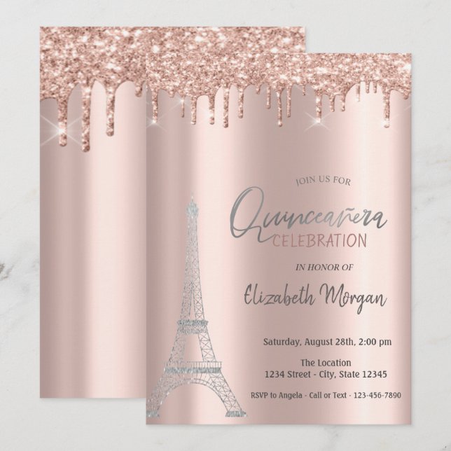 Convites de Quinceanera da Torre Eiffel com Goteja (Frente/Verso)