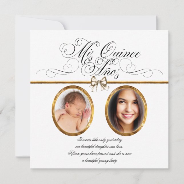 Convites de Quinceanera de Foto em Ouro Branco (Frente)