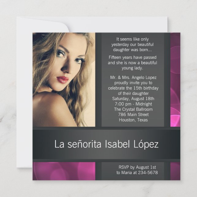 Convites de Quinceanera de Foto Preto Rosa Quente (Frente)