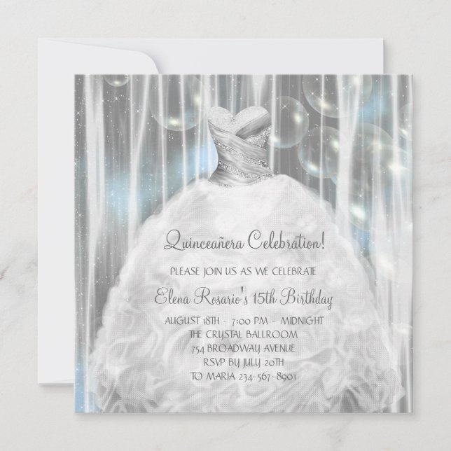 Convites de Quinceanera de vestido branco e azul (Frente)