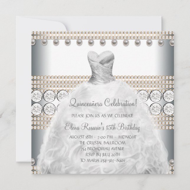 Convites de Quinceanera de vestido de festa dourad (Frente)
