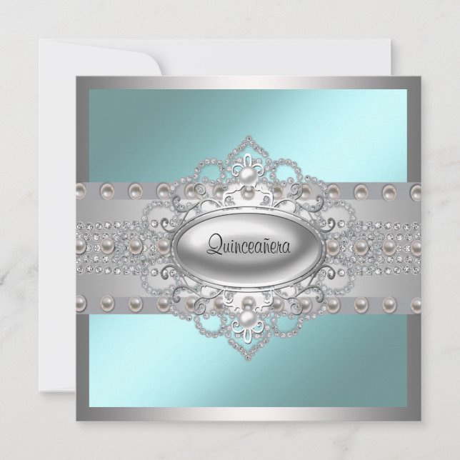 Convites de Quinceanera Diamantes Pérolas Azul Tur (Frente)