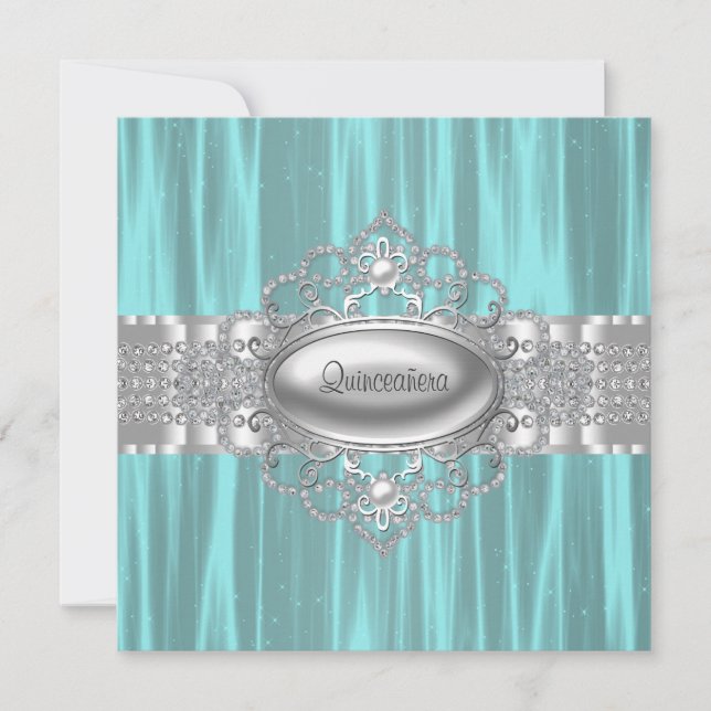 Convites de Quinceanera Diamantes Pérolas Azul Tur (Frente)
