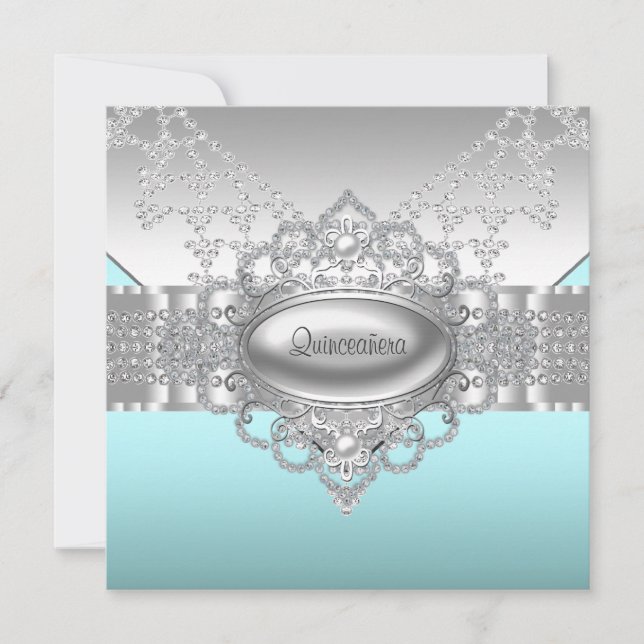 Convites de Quinceanera Diamantes Pérolas Azul Tur (Frente)
