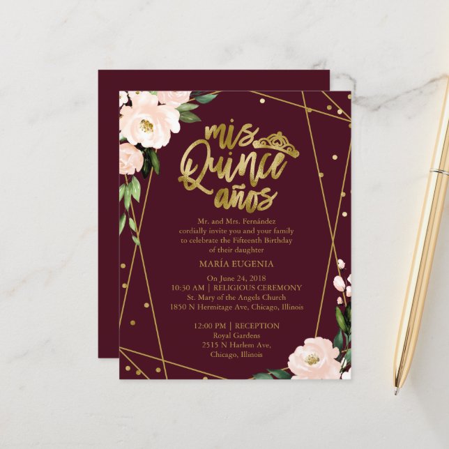 Convites de Quinceanera Econômicos Dourado Blush B (Frente/Verso In Situ)