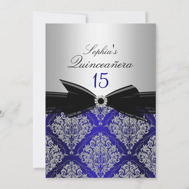 Convites de Quinceanera em Damasco Azul e Prata (Frente)