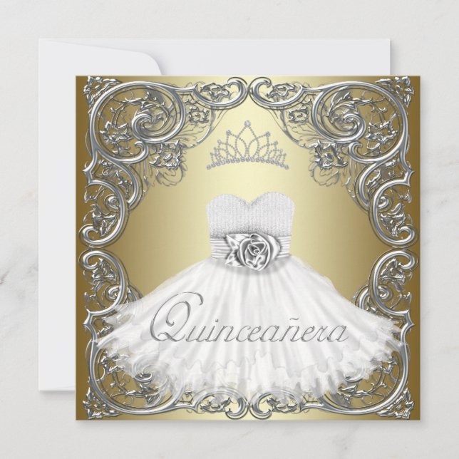 Convites de Quinceanera em Prata e Ouro Elegantes (Frente)