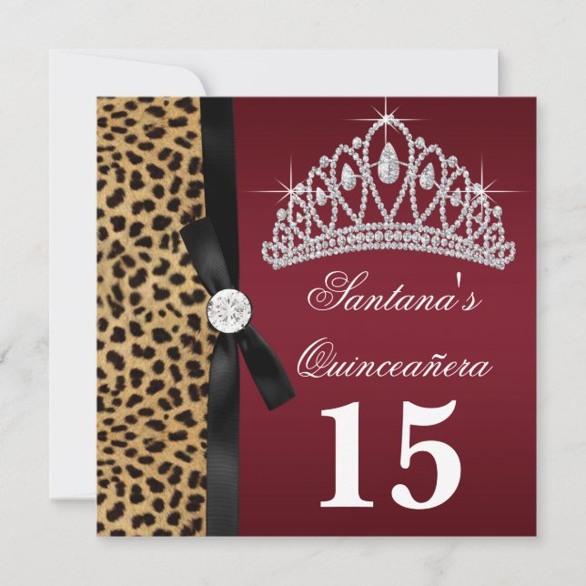 Convites de Quinceanera Leopardo Vermelho Rubi (Frente)