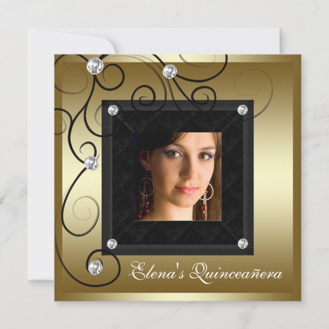 Convites de Quinceanera Pérolas Ouro Negro Foto (Frente)