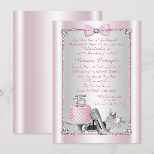 Convites de Quinceanera Prata Rosa (Frente/Verso)