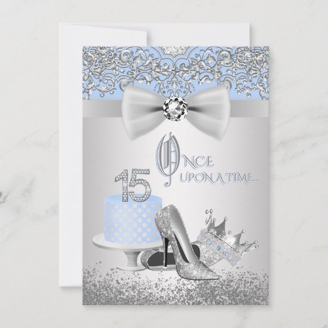 Convites de Quinceanera Princesa Azul Prata (Frente)