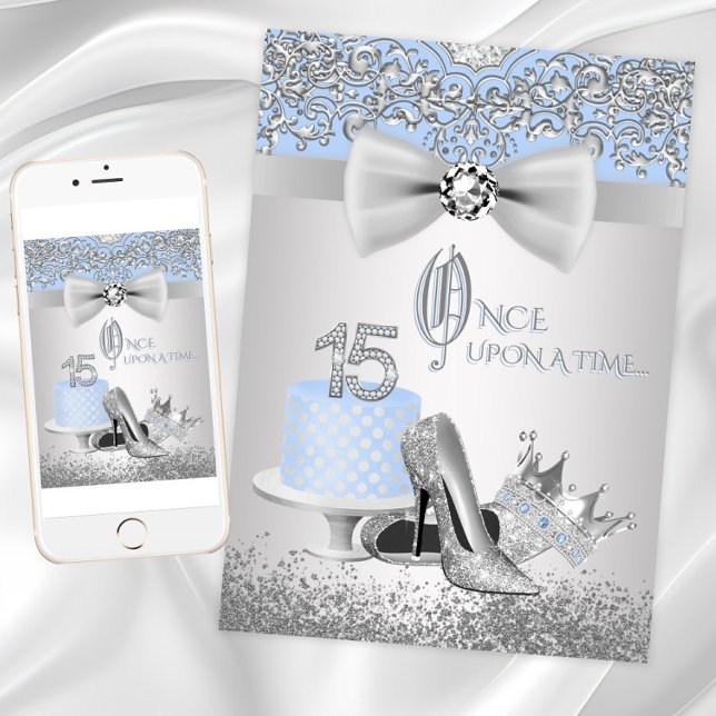 Convites de Quinceanera Princesa Azul Prata (Blue Silver Quinceanera Princess Invitations. Digital download and print files available.)