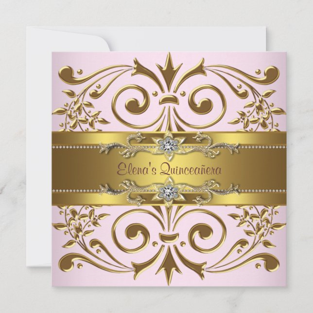 Convites de Quinceanera Rosa e Dourado Elegantes (Frente)