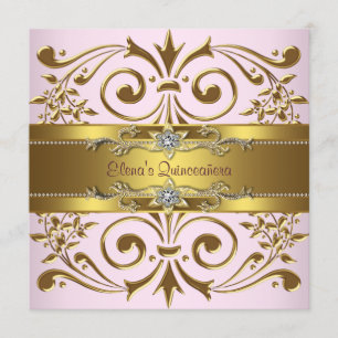Convites de Quinceanera Rosa e Dourado Elegantes