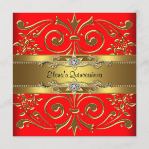Convites de Quinceanera Vermelho e Dourado Elegant