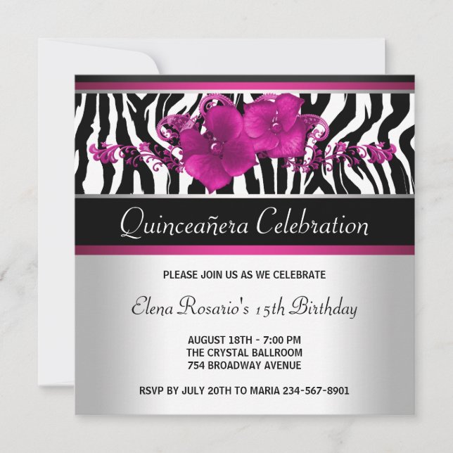 Convites de Quinceanera Zebra Rosa Quente (Frente)
