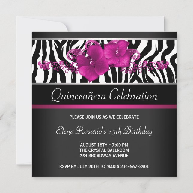 Convites de Quinceanera Zebra Rosa Quente (Frente)