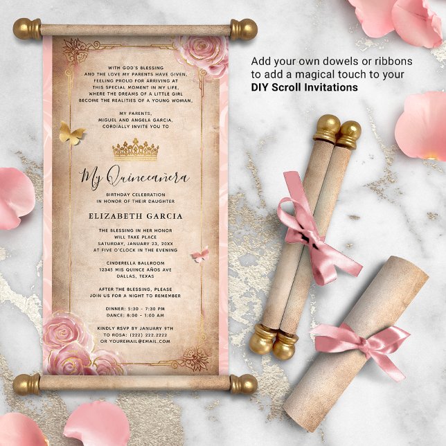 Convites de Quinze Anos em Pergaminho DIY Rosa Dou (DIY scrolls do not come with dowels. Add your own or roll up with a ribbon for a personalized touch!)