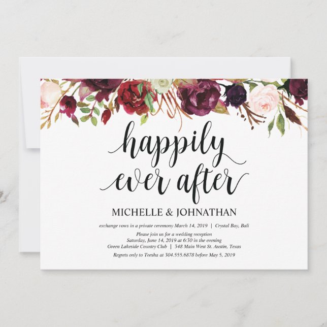 Convites de Recepção de Casamento Floral Burgundy  (Frente)