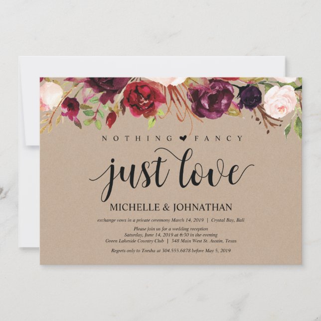Convites de Recepção de Casamento Floral Kraft Bor (Frente)