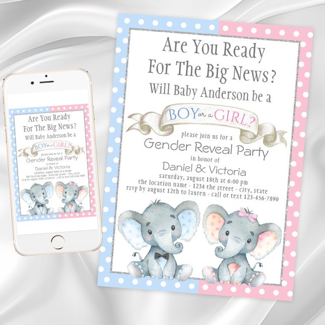 Convites de Revelação do Sexo do Bebê com Elefante (Elephant Gender Reveal Baby Shower Invitations. Instant Download and printed invitations available.)