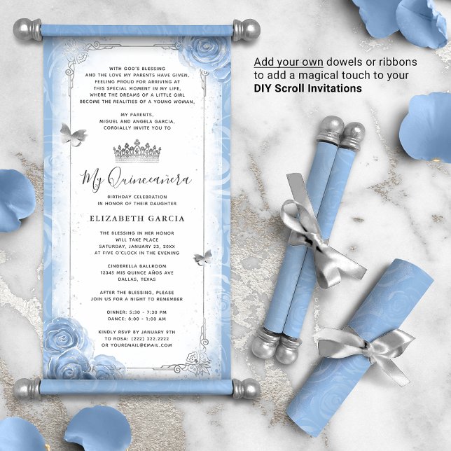 Convites de rolagem de Prata Azul Claro Quince DIY (DIY scrolls do not come with dowels. Add your own or roll up with a ribbon for an elegant touch!)
