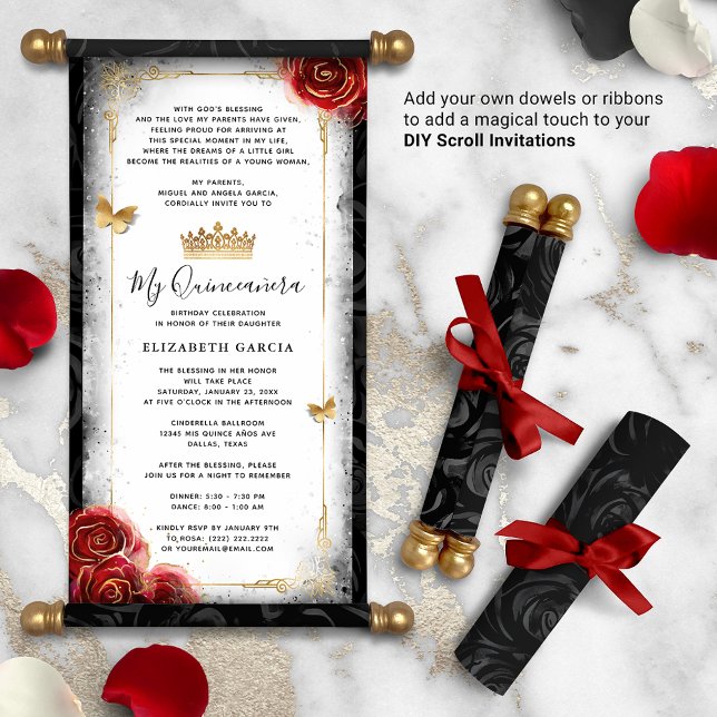 Convites de rolagem Red Black and White Quince DIY (DIY scrolls do not come with dowels. Add your own or roll up with a ribbon for an elegant touch!)