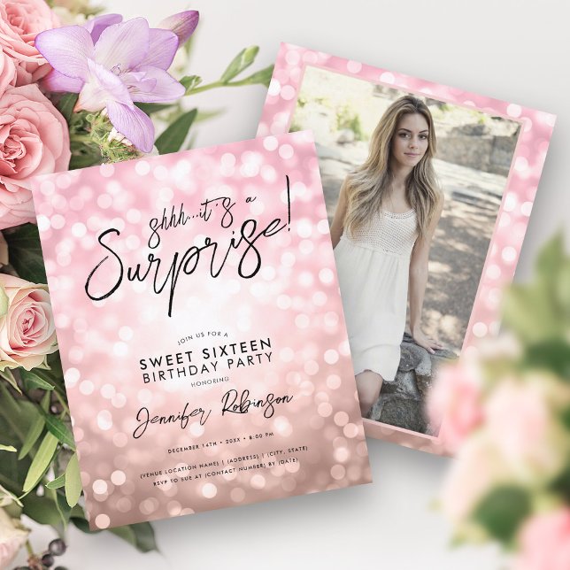 Convites de Rosa de Ouro Luz Foto Surpresa Doce 16 (Rose Gold Lights Photo Surprise Sweet 16 Invites )