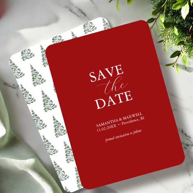 Convites de Salvar a Data para Casamento nas Féria (Holiday wedding save the date invitations watercolor Christmas trees art by Victoria Grigaliunas)