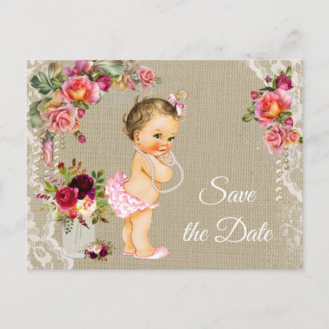 Convites de Save the Date de Chá de Bebê em Lona e (Frente)