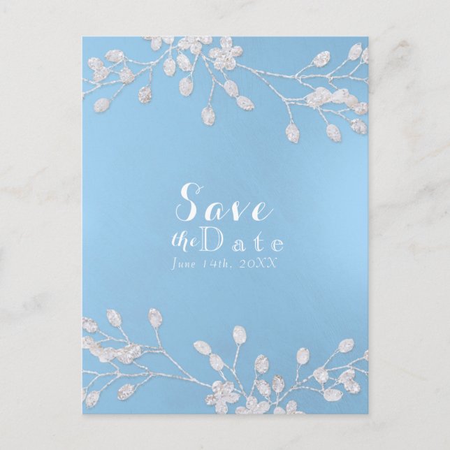 Convites de Save the Date Floral Branco com Azul (Frente)