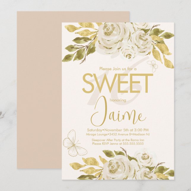 Convites de Sweet 16 com Rosas Ivory e Pink Monogr (Frente/Verso)