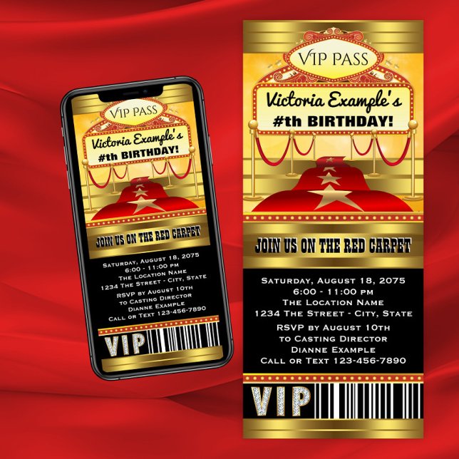 Convites de Tíquete de Festa de aniversário de Hol (Red carpet birthday party invitation. Any birthday and red carpet event ticket style invitation.)