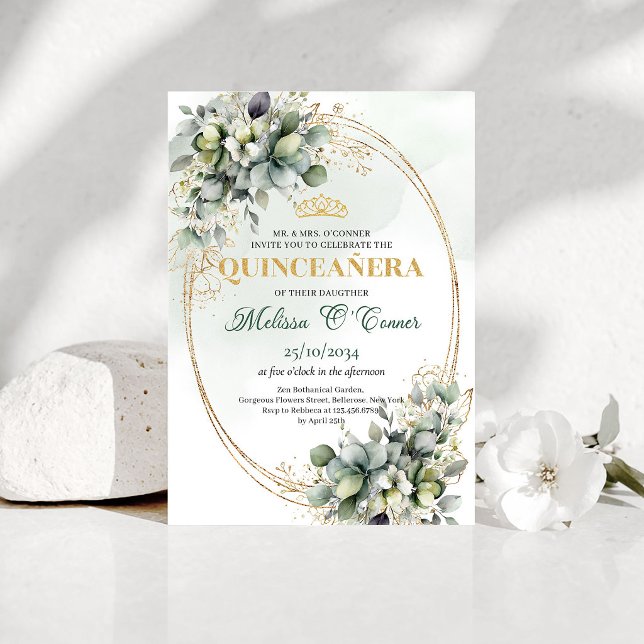 Convites de Verde Sálvia Botânico para Quinceañera (Botanical Sage Green Quinceañera Greenery Invitation)