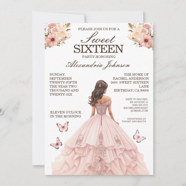 Convites de Vestido Elegante Rosa para Festa de 16 (Frente)