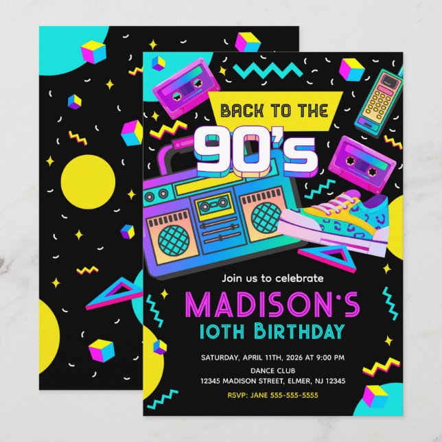 Convites De volta aos anos 90 Aniversário Neon Retro Modern (Frente/Verso)
